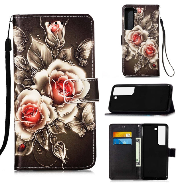 For Samsung Galaxy S22+ 5G Colored Drawing Pattern Plain Weave Leather Phone Case with Holder & Card Slot & Wallet & Lanyard(Rose)-garmade.com