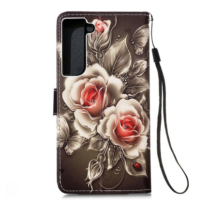 For Samsung Galaxy S22+ 5G Colored Drawing Pattern Plain Weave Leather Phone Case with Holder & Card Slot & Wallet & Lanyard(Rose)-garmade.com