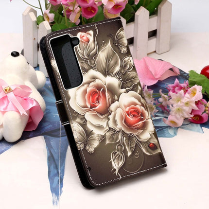 For Samsung Galaxy S22+ 5G Colored Drawing Pattern Plain Weave Leather Phone Case with Holder & Card Slot & Wallet & Lanyard(Rose)-garmade.com