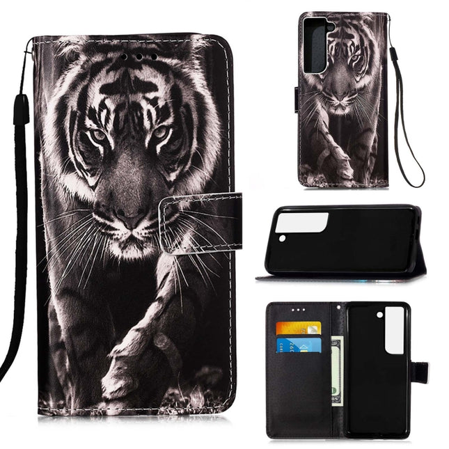 For Samsung Galaxy S22+ 5G Colored Drawing Pattern Plain Weave Leather Phone Case with Holder & Card Slot & Wallet & Lanyard(Black White Tiger)-garmade.com