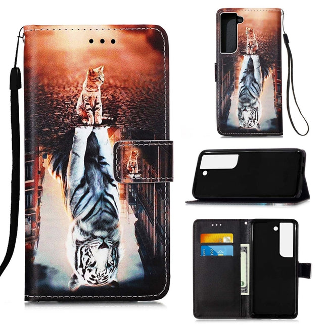 For Samsung Galaxy S22+ 5G Colored Drawing Pattern Plain Weave Leather Phone Case with Holder & Card Slot & Wallet & Lanyard(Cat and Tiger)-garmade.com