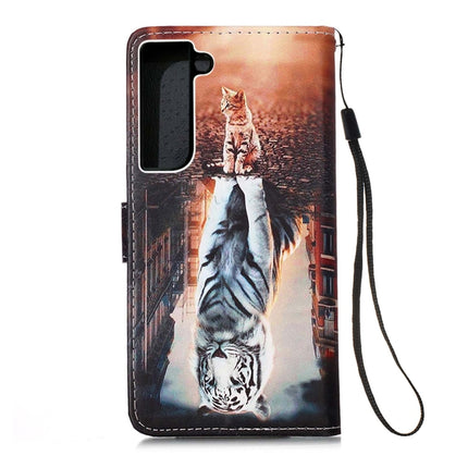 For Samsung Galaxy S22+ 5G Colored Drawing Pattern Plain Weave Leather Phone Case with Holder & Card Slot & Wallet & Lanyard(Cat and Tiger)-garmade.com
