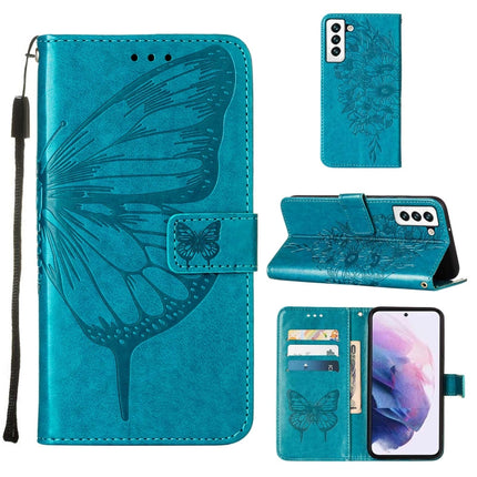 For Samsung Galaxy S22 5G Embossed Butterfly Leather Phone Case with Holder & Card Slot & Wallet & Lanyard(Blue)-garmade.com