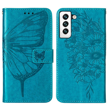 For Samsung Galaxy S22 5G Embossed Butterfly Leather Phone Case with Holder & Card Slot & Wallet & Lanyard(Blue)-garmade.com
