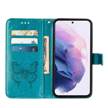 For Samsung Galaxy S22 5G Embossed Butterfly Leather Phone Case with Holder & Card Slot & Wallet & Lanyard(Blue)-garmade.com