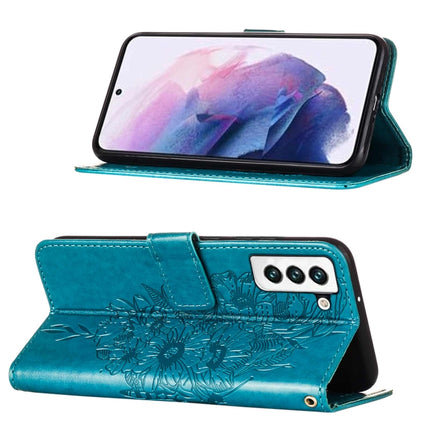 For Samsung Galaxy S22 5G Embossed Butterfly Leather Phone Case with Holder & Card Slot & Wallet & Lanyard(Blue)-garmade.com