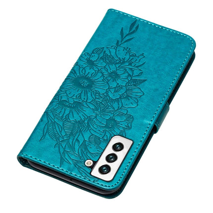 For Samsung Galaxy S22 5G Embossed Butterfly Leather Phone Case with Holder & Card Slot & Wallet & Lanyard(Blue)-garmade.com