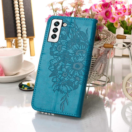 For Samsung Galaxy S22 5G Embossed Butterfly Leather Phone Case with Holder & Card Slot & Wallet & Lanyard(Blue)-garmade.com