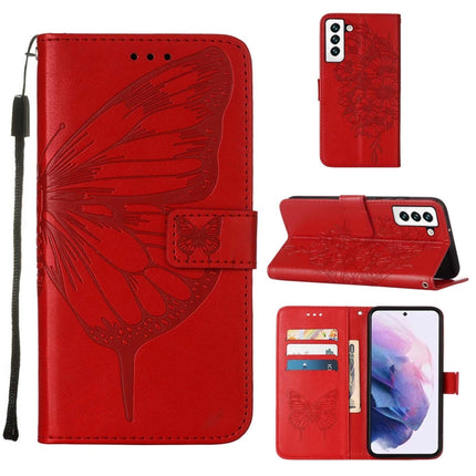 For Samsung Galaxy S22 5G Embossed Butterfly Leather Phone Case with Holder & Card Slot & Wallet & Lanyard(Red)-garmade.com