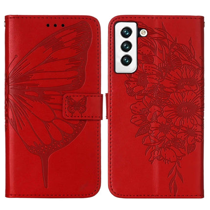 For Samsung Galaxy S22 5G Embossed Butterfly Leather Phone Case with Holder & Card Slot & Wallet & Lanyard(Red)-garmade.com