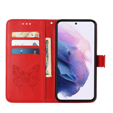 For Samsung Galaxy S22 5G Embossed Butterfly Leather Phone Case with Holder & Card Slot & Wallet & Lanyard(Red)-garmade.com