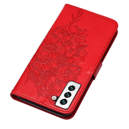 For Samsung Galaxy S22 5G Embossed Butterfly Leather Phone Case with Holder & Card Slot & Wallet & Lanyard(Red)-garmade.com