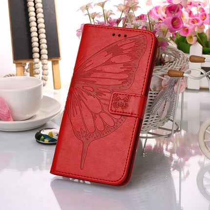 For Samsung Galaxy S22 5G Embossed Butterfly Leather Phone Case with Holder & Card Slot & Wallet & Lanyard(Red)-garmade.com