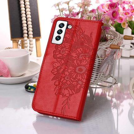 For Samsung Galaxy S22 5G Embossed Butterfly Leather Phone Case with Holder & Card Slot & Wallet & Lanyard(Red)-garmade.com