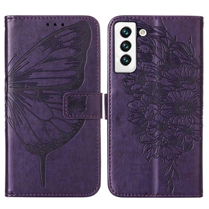 For Samsung Galaxy S22 5G Embossed Butterfly Leather Phone Case with Holder & Card Slot & Wallet & Lanyard(Dark Purple)-garmade.com