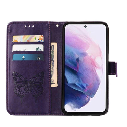 For Samsung Galaxy S22 5G Embossed Butterfly Leather Phone Case with Holder & Card Slot & Wallet & Lanyard(Dark Purple)-garmade.com