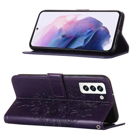 For Samsung Galaxy S22 5G Embossed Butterfly Leather Phone Case with Holder & Card Slot & Wallet & Lanyard(Dark Purple)-garmade.com