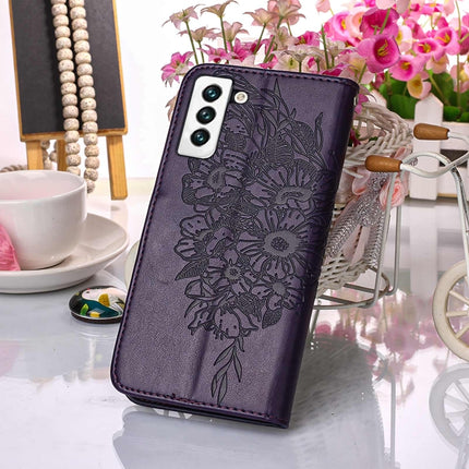 For Samsung Galaxy S22 5G Embossed Butterfly Leather Phone Case with Holder & Card Slot & Wallet & Lanyard(Dark Purple)-garmade.com