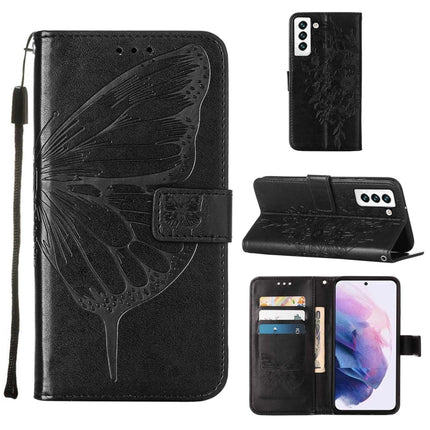 For Samsung Galaxy S22 5G Embossed Butterfly Leather Phone Case with Holder & Card Slot & Wallet & Lanyard(Black)-garmade.com