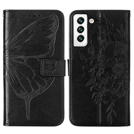 For Samsung Galaxy S22 5G Embossed Butterfly Leather Phone Case with Holder & Card Slot & Wallet & Lanyard(Black)-garmade.com
