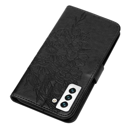 For Samsung Galaxy S22 5G Embossed Butterfly Leather Phone Case with Holder & Card Slot & Wallet & Lanyard(Black)-garmade.com