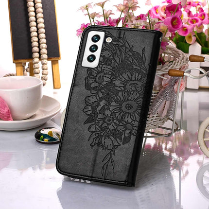 For Samsung Galaxy S22 5G Embossed Butterfly Leather Phone Case with Holder & Card Slot & Wallet & Lanyard(Black)-garmade.com