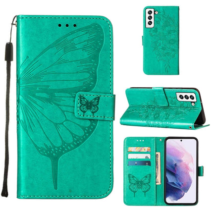 For Samsung Galaxy S22 5G Embossed Butterfly Leather Phone Case with Holder & Card Slot & Wallet & Lanyard(Green)-garmade.com