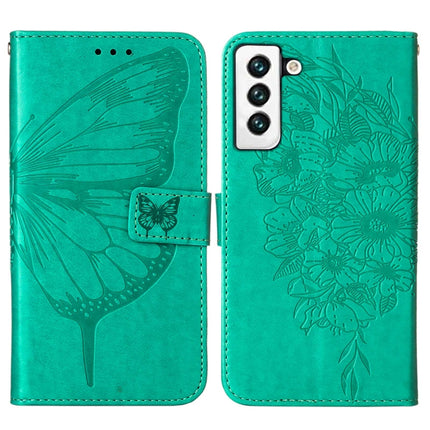 For Samsung Galaxy S22 5G Embossed Butterfly Leather Phone Case with Holder & Card Slot & Wallet & Lanyard(Green)-garmade.com