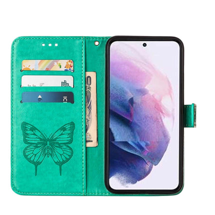 For Samsung Galaxy S22 5G Embossed Butterfly Leather Phone Case with Holder & Card Slot & Wallet & Lanyard(Green)-garmade.com