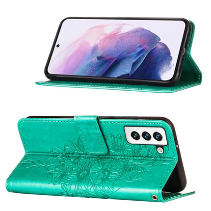 For Samsung Galaxy S22 5G Embossed Butterfly Leather Phone Case with Holder & Card Slot & Wallet & Lanyard(Green)-garmade.com