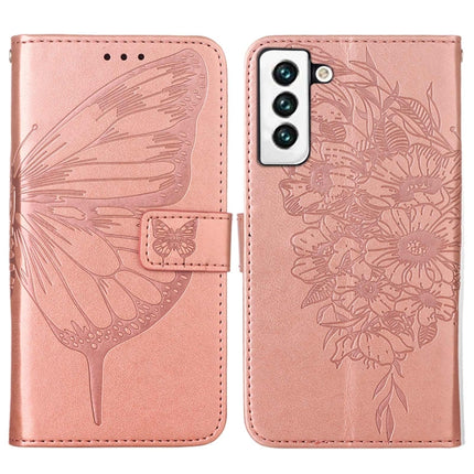 For Samsung Galaxy S22 5G Embossed Butterfly Leather Phone Case with Holder & Card Slot & Wallet & Lanyard(Rose Gold)-garmade.com