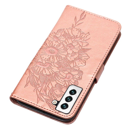 For Samsung Galaxy S22 5G Embossed Butterfly Leather Phone Case with Holder & Card Slot & Wallet & Lanyard(Rose Gold)-garmade.com