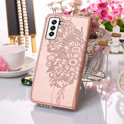 For Samsung Galaxy S22 5G Embossed Butterfly Leather Phone Case with Holder & Card Slot & Wallet & Lanyard(Rose Gold)-garmade.com