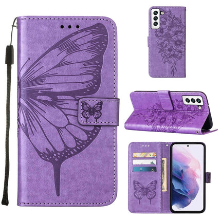 For Samsung Galaxy S22 5G Embossed Butterfly Leather Phone Case with Holder & Card Slot & Wallet & Lanyard(Purple)-garmade.com