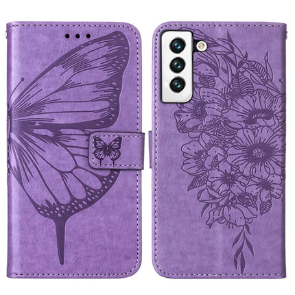For Samsung Galaxy S22 5G Embossed Butterfly Leather Phone Case with Holder & Card Slot & Wallet & Lanyard(Purple)-garmade.com