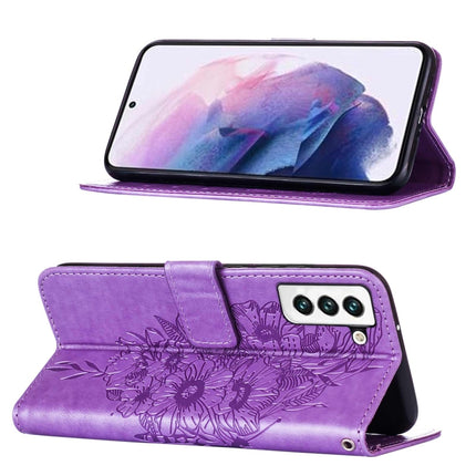 For Samsung Galaxy S22 5G Embossed Butterfly Leather Phone Case with Holder & Card Slot & Wallet & Lanyard(Purple)-garmade.com