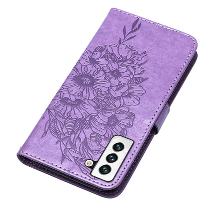 For Samsung Galaxy S22 5G Embossed Butterfly Leather Phone Case with Holder & Card Slot & Wallet & Lanyard(Purple)-garmade.com