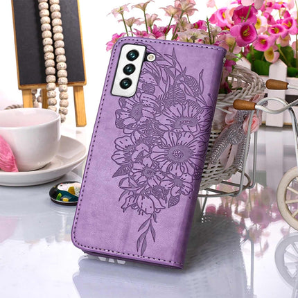 For Samsung Galaxy S22 5G Embossed Butterfly Leather Phone Case with Holder & Card Slot & Wallet & Lanyard(Purple)-garmade.com