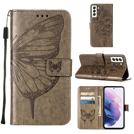 For Samsung Galaxy S22 5G Embossed Butterfly Leather Phone Case with Holder & Card Slot & Wallet & Lanyard(Grey)-garmade.com