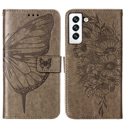 For Samsung Galaxy S22 5G Embossed Butterfly Leather Phone Case with Holder & Card Slot & Wallet & Lanyard(Grey)-garmade.com