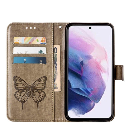 For Samsung Galaxy S22 5G Embossed Butterfly Leather Phone Case with Holder & Card Slot & Wallet & Lanyard(Grey)-garmade.com