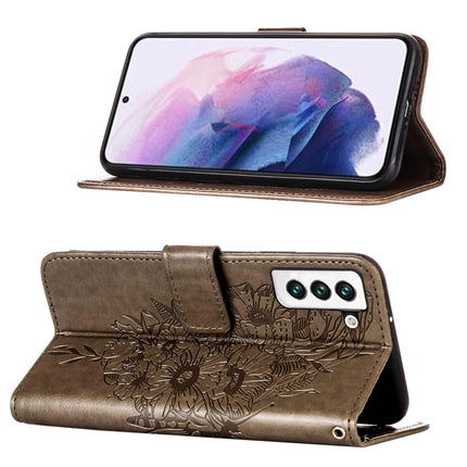 For Samsung Galaxy S22 5G Embossed Butterfly Leather Phone Case with Holder & Card Slot & Wallet & Lanyard(Grey)-garmade.com