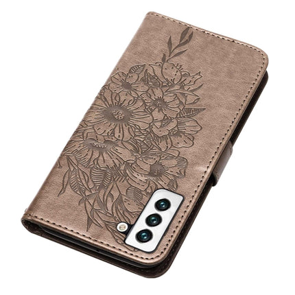 For Samsung Galaxy S22 5G Embossed Butterfly Leather Phone Case with Holder & Card Slot & Wallet & Lanyard(Grey)-garmade.com