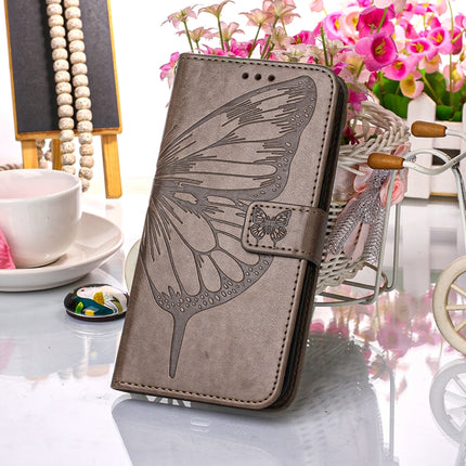 For Samsung Galaxy S22 5G Embossed Butterfly Leather Phone Case with Holder & Card Slot & Wallet & Lanyard(Grey)-garmade.com