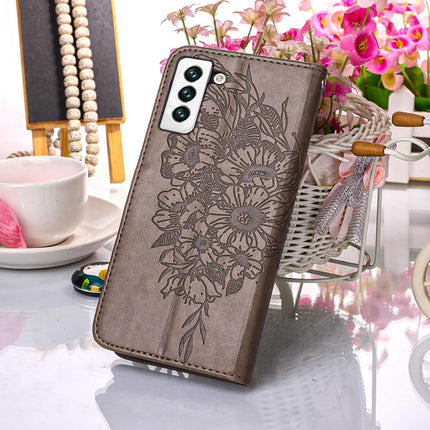 For Samsung Galaxy S22 5G Embossed Butterfly Leather Phone Case with Holder & Card Slot & Wallet & Lanyard(Grey)-garmade.com