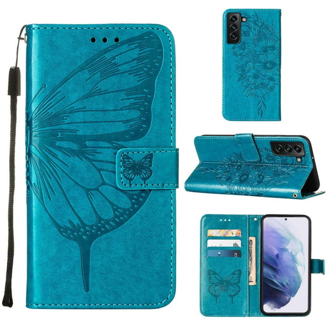 For Samsung Galaxy S22+ 5G Embossed Butterfly Leather Phone Case with Holder & Card Slot & Wallet & Lanyard(Blue)-garmade.com