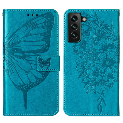 For Samsung Galaxy S22+ 5G Embossed Butterfly Leather Phone Case with Holder & Card Slot & Wallet & Lanyard(Blue)-garmade.com