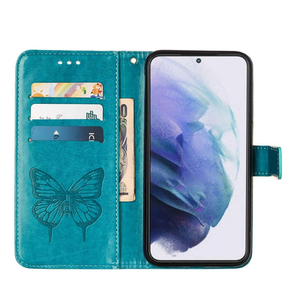For Samsung Galaxy S22+ 5G Embossed Butterfly Leather Phone Case with Holder & Card Slot & Wallet & Lanyard(Blue)-garmade.com