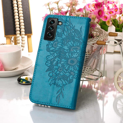 For Samsung Galaxy S22+ 5G Embossed Butterfly Leather Phone Case with Holder & Card Slot & Wallet & Lanyard(Blue)-garmade.com