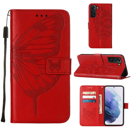 For Samsung Galaxy S22+ 5G Embossed Butterfly Leather Phone Case with Holder & Card Slot & Wallet & Lanyard(Red)-garmade.com
